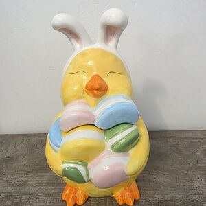 Easter Chick Bunny Ears Holding Macaroons Cookie Jar Canister 10.5